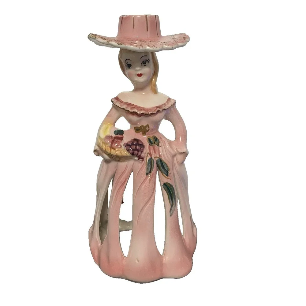 MCM Artmark Pink Lady w/ Fruit Napkin Hankie & Candle Holder Bell Japan 9